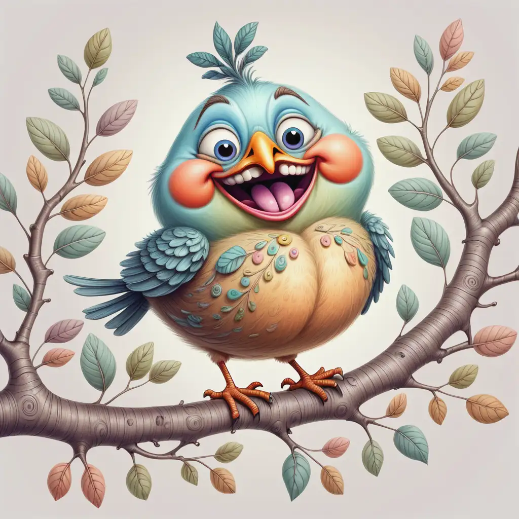 Intricate details, image of a branch with a crazy funny smiling and chubby bird, in pastel drawing style, on a blank background