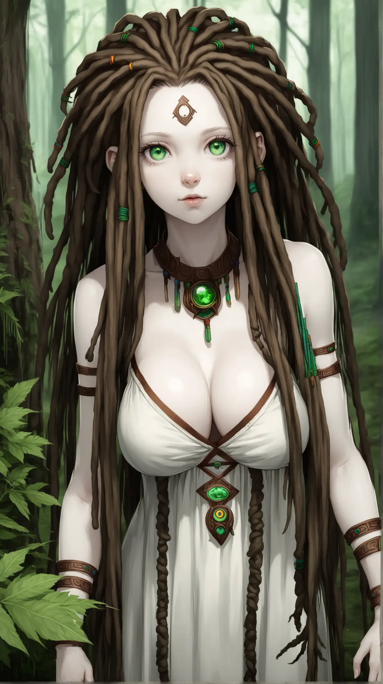 20 year old druid woman, (brown hair), pale white skin, very cute round face, (dreadlocks:1.4),  green eyes, masterpiece,  large cleavage, standing outside in the forest,