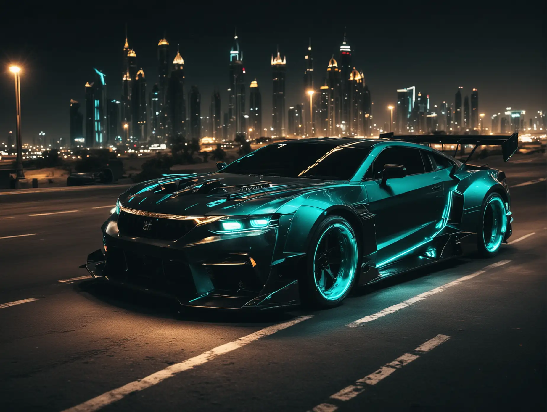 Create  futuristic  cars from dark angel, evil tuning type, Downhill in the city of dubai drifting at night rear view from high far away,  car color dark black, dark turquoise  and violent car lights.