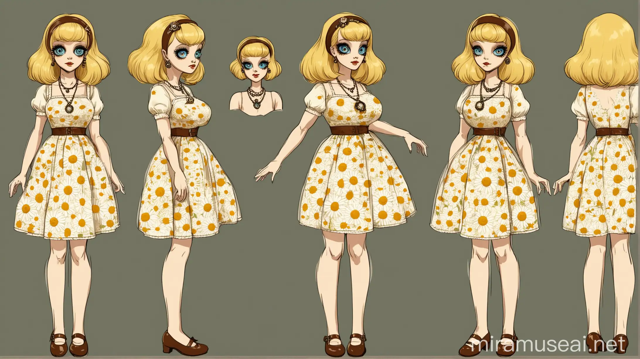 Ranfren, Character reference sheet, Name: Daisy, Species: Cryptid (humanoid appearance), Build: Hourglass figure with big breasts and thick thighs. Skin: Pale white.
Hair: Blonde, typically styled in a way that complements her retro, vintage fashion sense.
Eyes:
False Eyes: Wide and always contoured with makeup, giving her a distinctive, almost doll-like appearance.
Real Eyes: Located under her false eyes, usually closed, resembling blush marks when not open.
Clothing: Style: Always wears cute dresses, often with floral prints.
Accessories: Hair Accessories: Ribbons, headbands, or vintage clips.
Jewelry: Delicate necklaces, often with small flower pendants, and vintage earrings.
Footwear: Mary Janes or vintage-style shoes that complement her dresses.