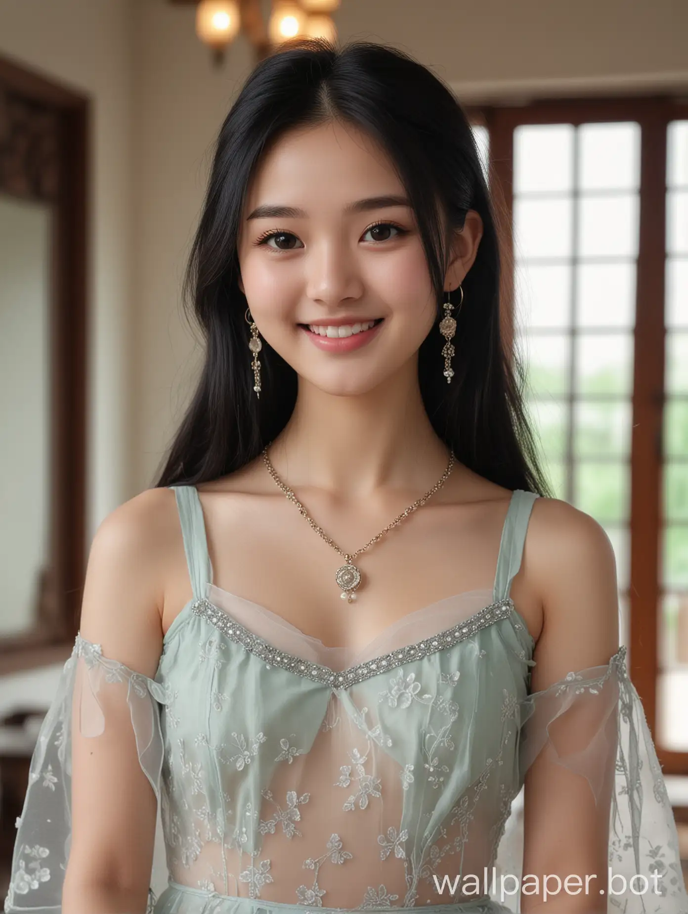 Generate an image of the most beautiful (China Provinces Hainan) actress, a cute pretty girl 18 years old, A-line Dress Transparent, with a fair skin tone and long black hair. She has a round smiling face. The background is a modern house interior. The camera shot captures her from head to stomach. She is wearing makeup and has a necklace, jhumka earring, and bracelet on.