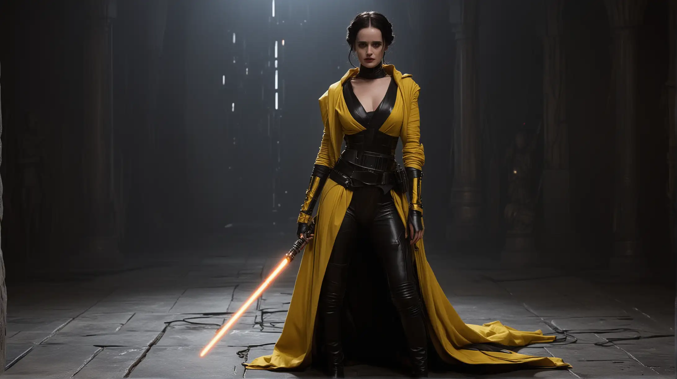 Eva Green Sith Queen in Sensuous Black and Yellow Attire with Lightsaber