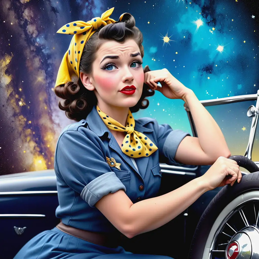 rosie the riveter, dark hair, held up with a yellow and blue poka dot bandana, wearing 1940's style makeup, wearing 1940's style clothes, sitting on a 40's car, galaxy background
