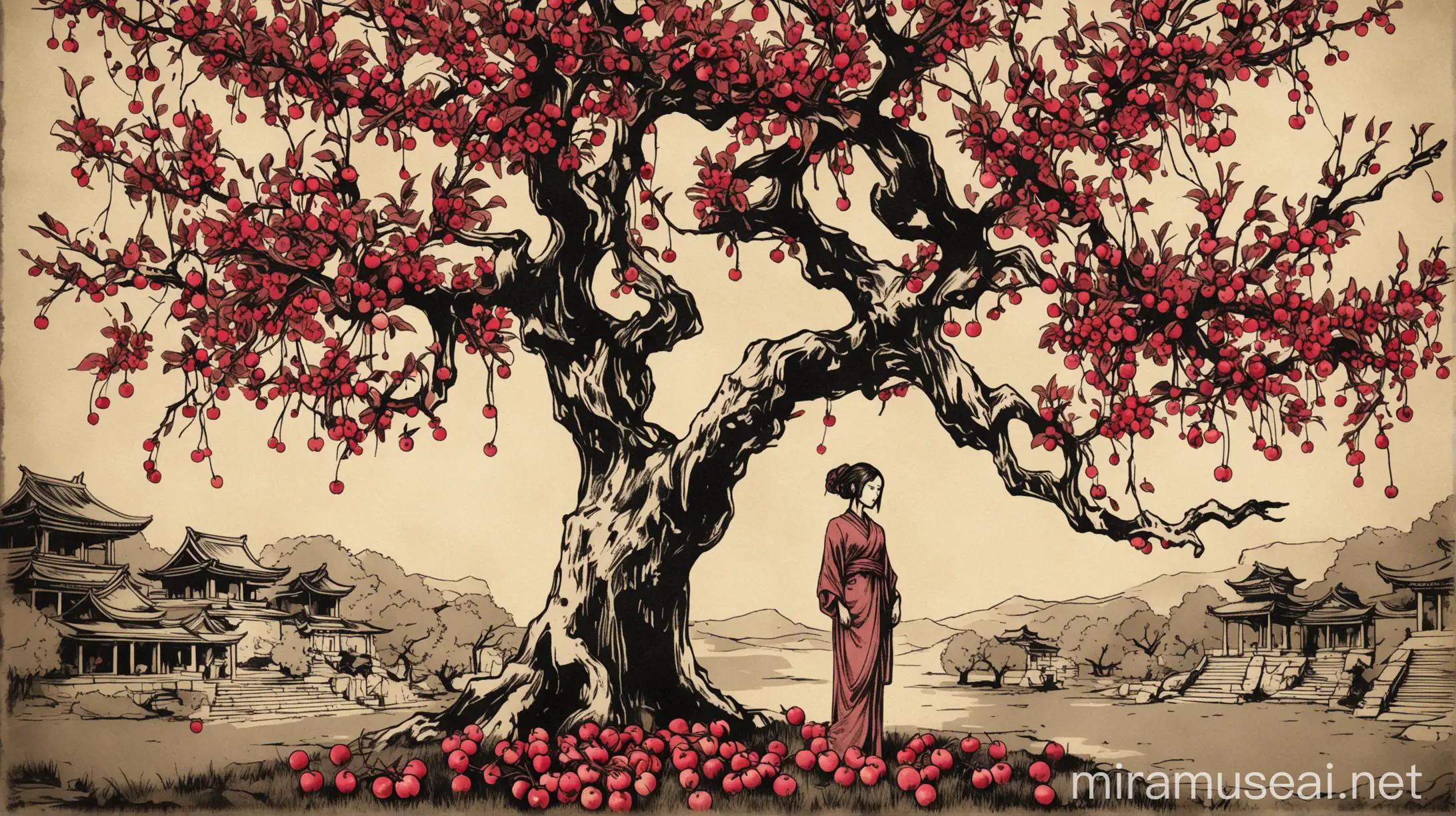Standing Woman Under Ancient Crabapple Tree Ink Style Poster 8K