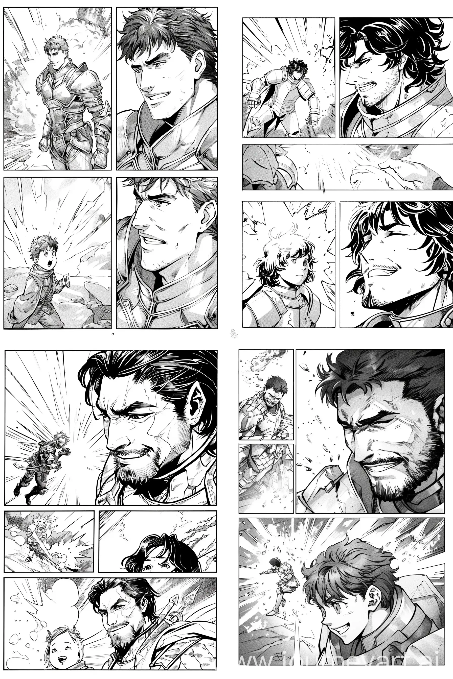 Manga style page,create 4 or 5 pictures,black and white, a legendary hero who is about 28 years old has a small nose and a defined jawline,normal type of eyes,wearing a legendary armor saves a small Child from a explosion,the hero showcased his smile towards the child,avoid distortion. --ar 2:3 