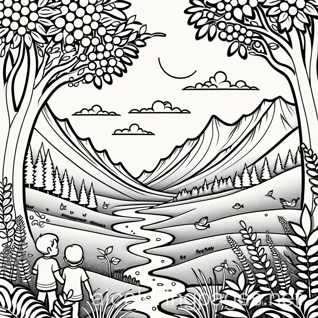 Kids in nature, Coloring Page, black and white, line art, white background, Simplicity, Ample White Space. The background of the coloring page is plain white to make it easy for young children to color within the lines. The outlines of all the subjects are easy to distinguish, making it simple for kids to color without too much difficulty