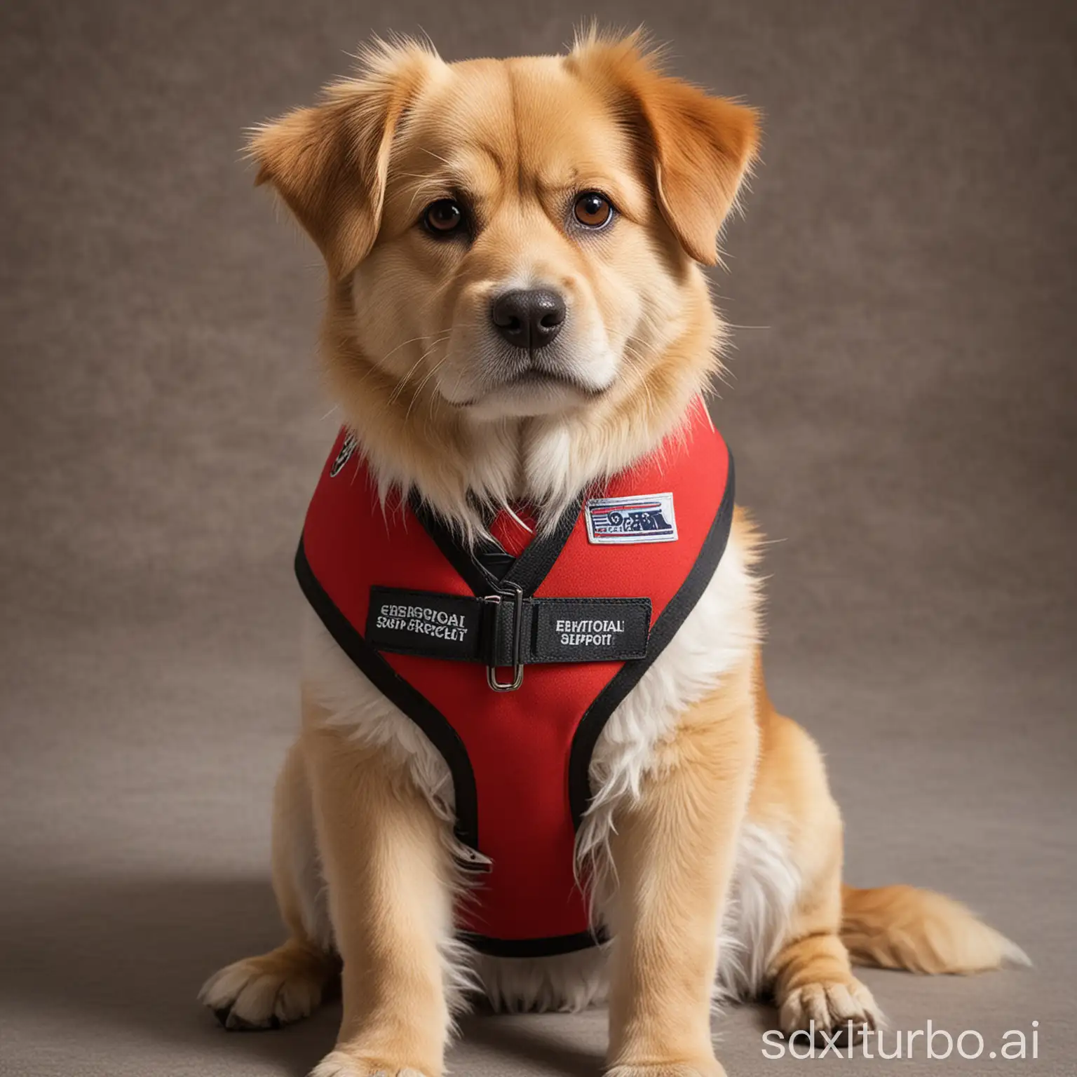 An Emotional Support Animal (ESA) is a furry best friend who provides constant companionship and unconditional love to a person dealing with any emotional, mental, or psychological challenges. Please create an image of a dog wearing an emotional support animal red vest