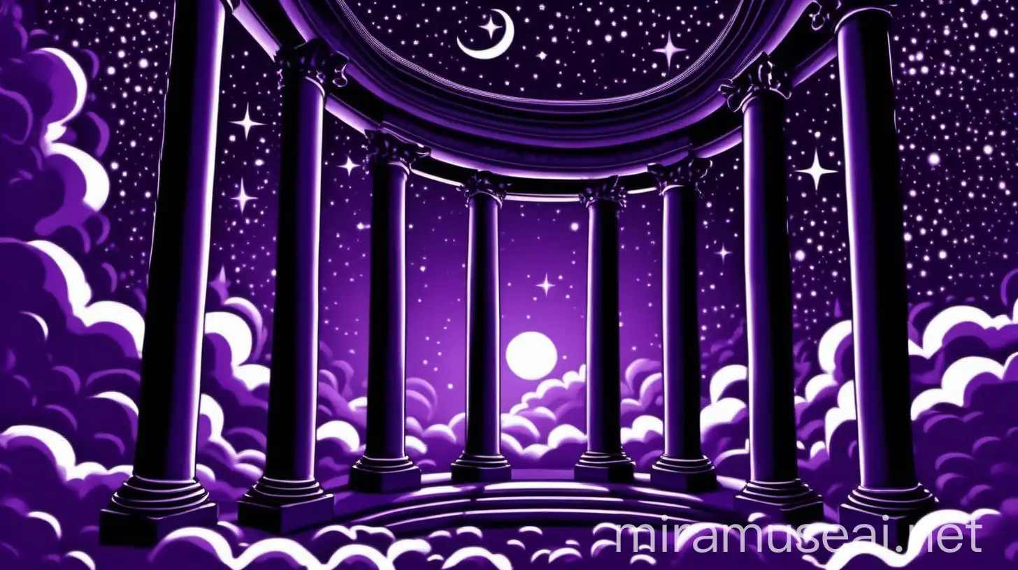 Difused and abstract clouds in dark purple, near to black, some little stars scatterd arround and some old temple columns 