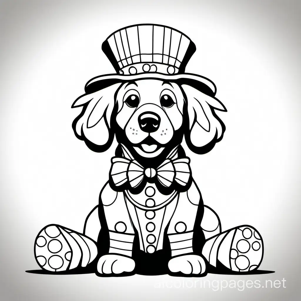 a golden retriever in a clown outfit cartoony, Coloring Page, black and white, line art, white background, Simplicity, Ample White Space. The background of the coloring page is plain white to make it easy for young children to color within the lines. The outlines of all the subjects are easy to distinguish, making it simple for kids to color without too much difficulty
