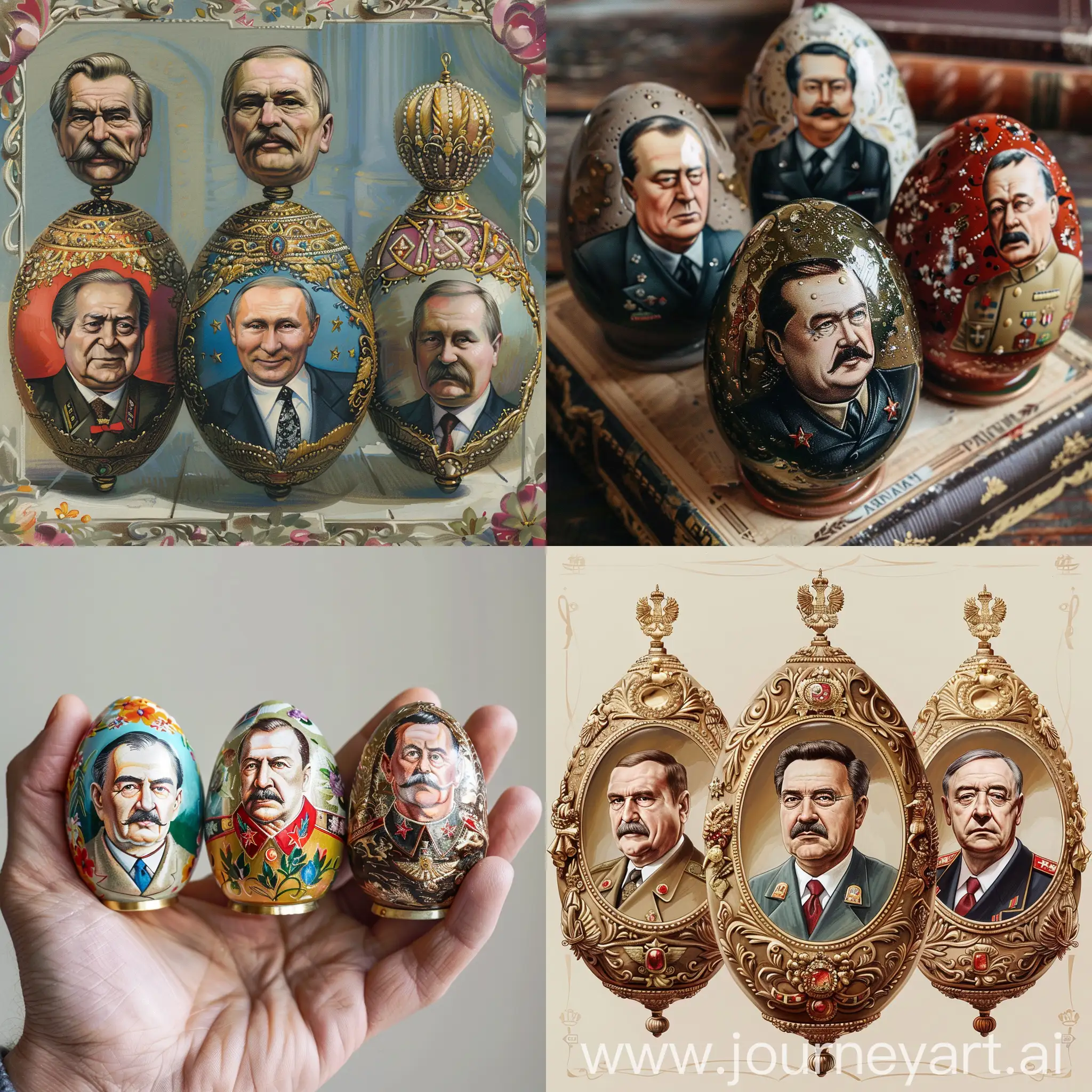 Нарисуй несколько яиц фаберже с ювелирными фигурками Чаушеску в одном, Сталина в другом и Путина в третьем, а также добавь ещё одного правителя из прошлого в четвёртом на свое усмотрение 