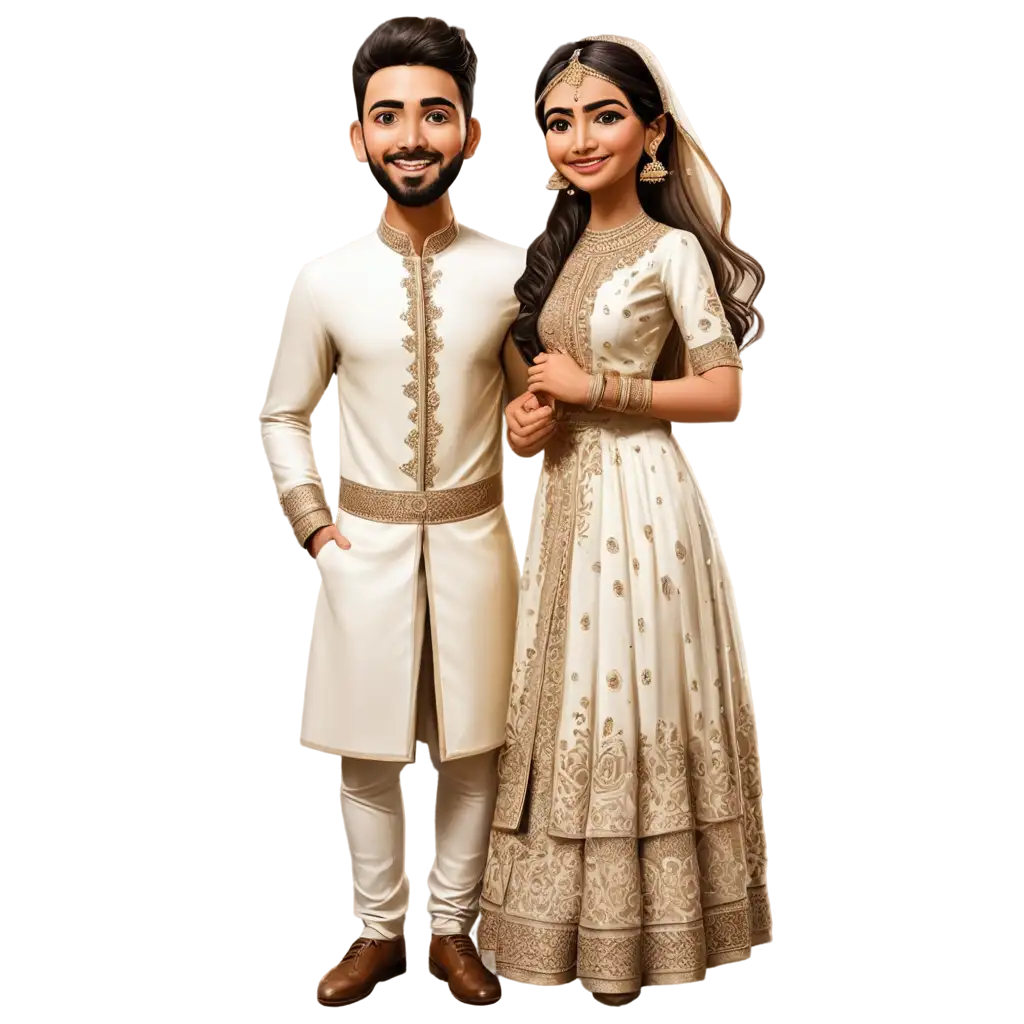 Exquisite-Mehndi-Caricature-Bride-and-Groom-Standing-Unique-PNG-Image-for-Weddings