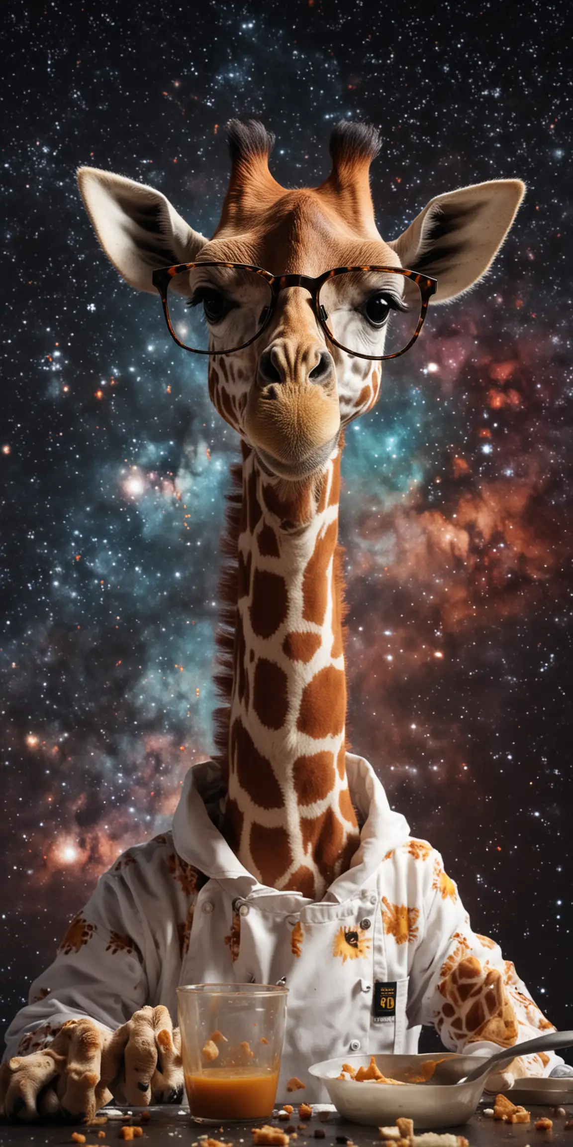 Baby Giraffe Wearing Glasses in Space Cooking Adventure