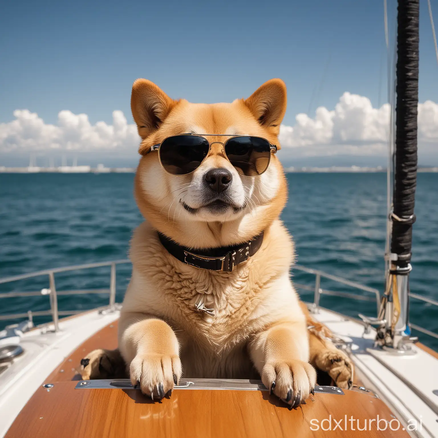 Meme Doge dog on sport yacht keelboart while wearing sunglasses in a cool way