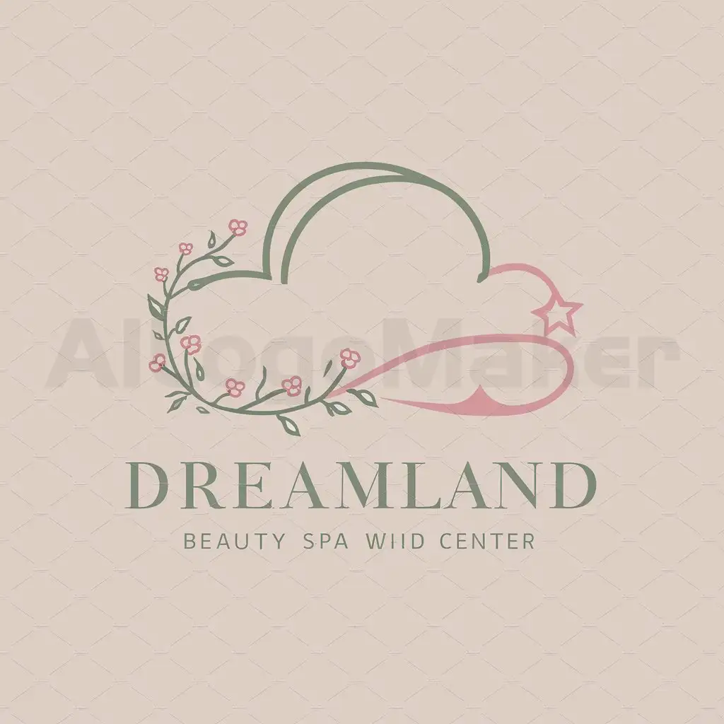 a logo design,with the text "dreamland", main symbol:a logo design,with the text 'dreamland', main symbol:The logo is composed of two main elements: a stylized cloud shape and a star symbolnThe cloud shape is formed by a curved line with a slight bend at one end, giving it a subtle sense of motion or movement. The line is thick and smooth, suggesting a soft and dreamy quality.nColors: The primary colors used are green and pink, giving a spring vibe.nAdditional Elements: Flower branches and leaves cling around the edge of the clouds,Minimalistic,be used in Beauty Spa industry,clear background,Minimalistic,be used in Beauty Spa industry,clear background