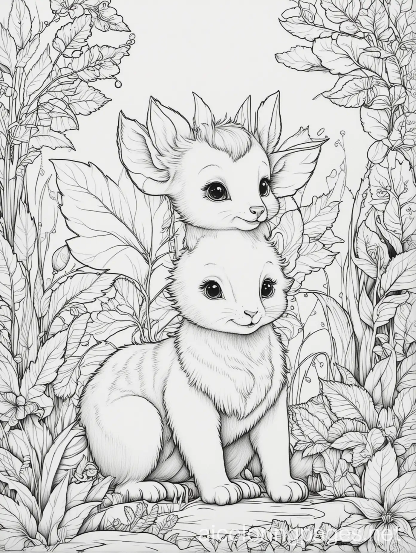 fairytale baby
 animals
, Coloring Page, black and white, line art, white background, Simplicity, Ample White Space. The background of the coloring page is plain white to make it easy for young children to color within the lines. The outlines of all the subjects are easy to distinguish, making it simple for kids to color without too much difficulty