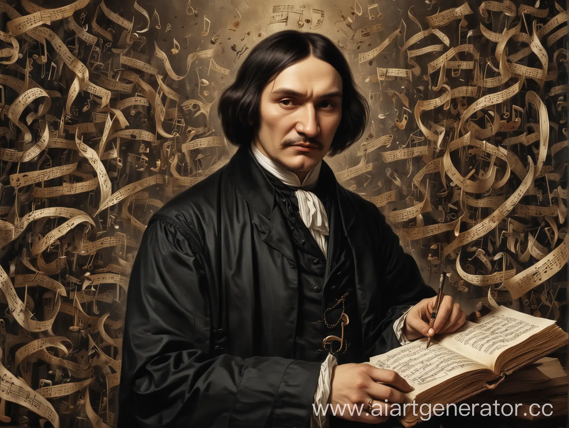 Russian writer Nikolai Vasilyevich Gogol writes the composition "Music" in the style of power metal, church, religion, choral