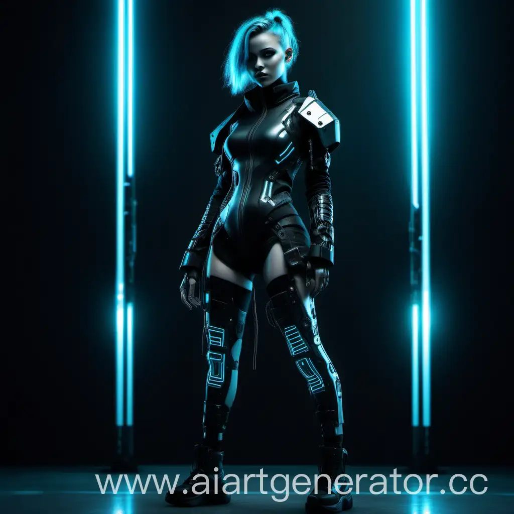 изображение девушки в стиле киберпанк: она во весь рост стоит на однотонном фоне, одета в футуристичную одежду со светящимися элементами