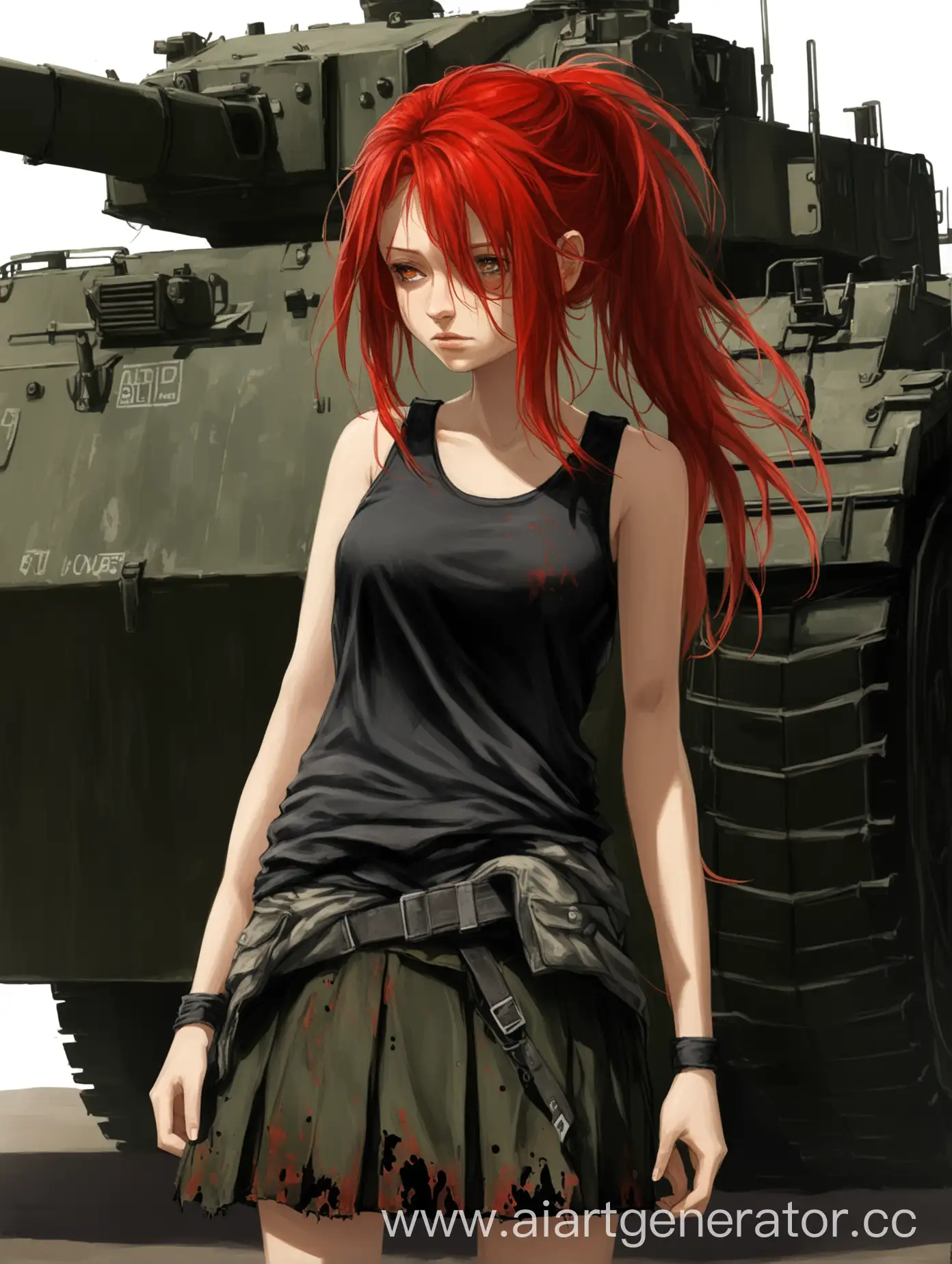 A girl with disheveled red hair just below her shoulders, the ends of her hair dyed black. Cargo tank top and skirt