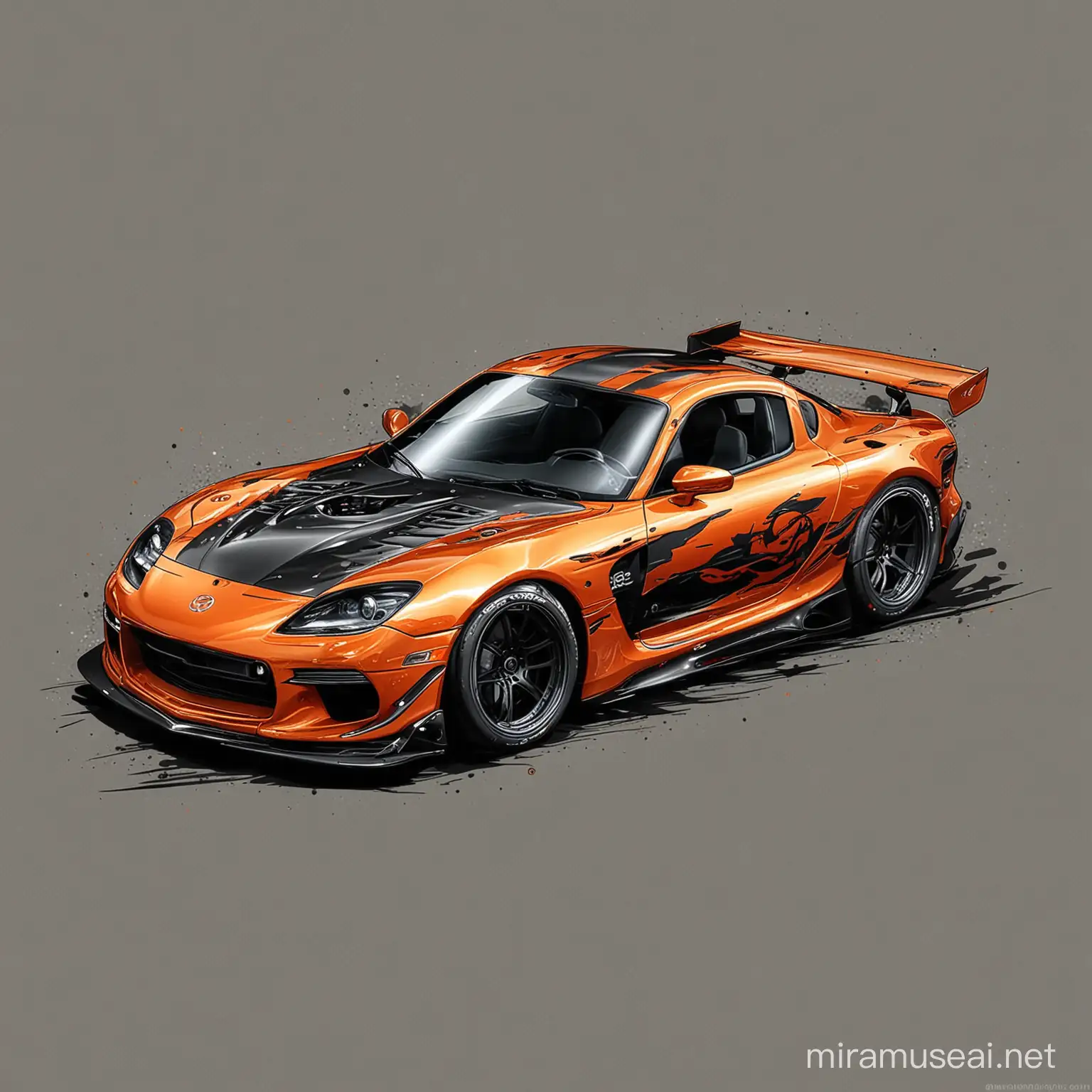 
Title: "Dragon's Fury: Custom Black and Orange Mazda RX-7 Build"

Description:
Imagine a mesmerizing design featuring a custom-built Mazda RX-7, adorned in a striking black and orange color scheme that exudes power and ferocity. Against the backdrop, an intricate outline of a dragon's face emerges, its piercing gaze and menacing silhouette adding an element of mystique and intrigue to the composition. With meticulous attention to detail and a passion for automotive excellence, this design captures the essence of speed, adrenaline, and untamed energy. Perfect for enthusiasts who appreciate bold and dynamic style, this t-shirt design is sure to turn heads and ignite the imagination.