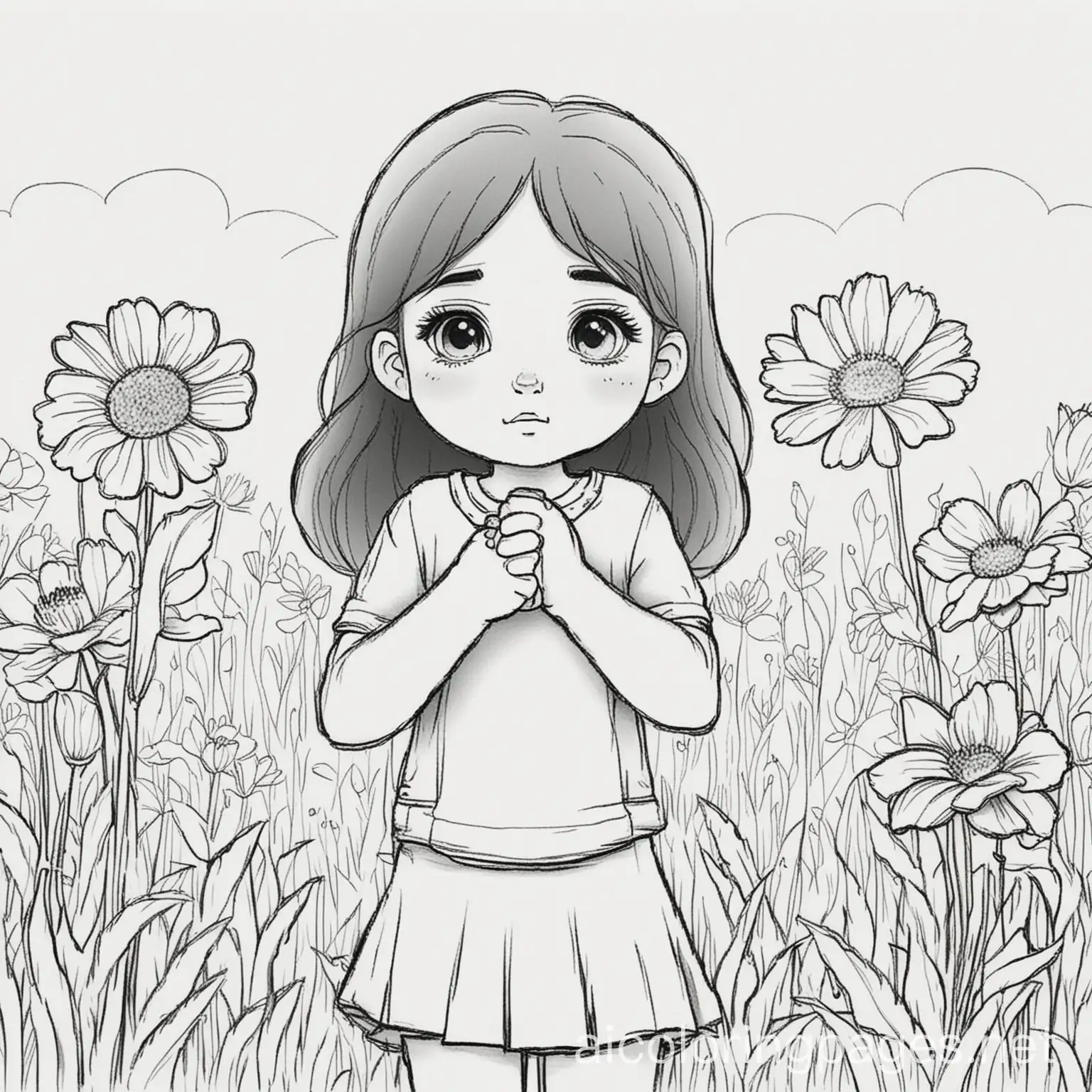 A girl standing with her fists up to her eyes crying. She’s standing on grass with big flowers. Coloring Page, black and white, line art, white background, Simplicity, Ample White Space. The background of the coloring page is plain white to make it easy for young children to color within the lines. The outlines of all the subjects are easy to distinguish, making it simple for kids to color without too much difficulty, Coloring Page, black and white, line art, white background, Simplicity, Ample White Space. The background of the coloring page is plain white to make it easy for young children to color within the lines. The outlines of all the subjects are easy to distinguish, making it simple for kids to color without too much difficulty