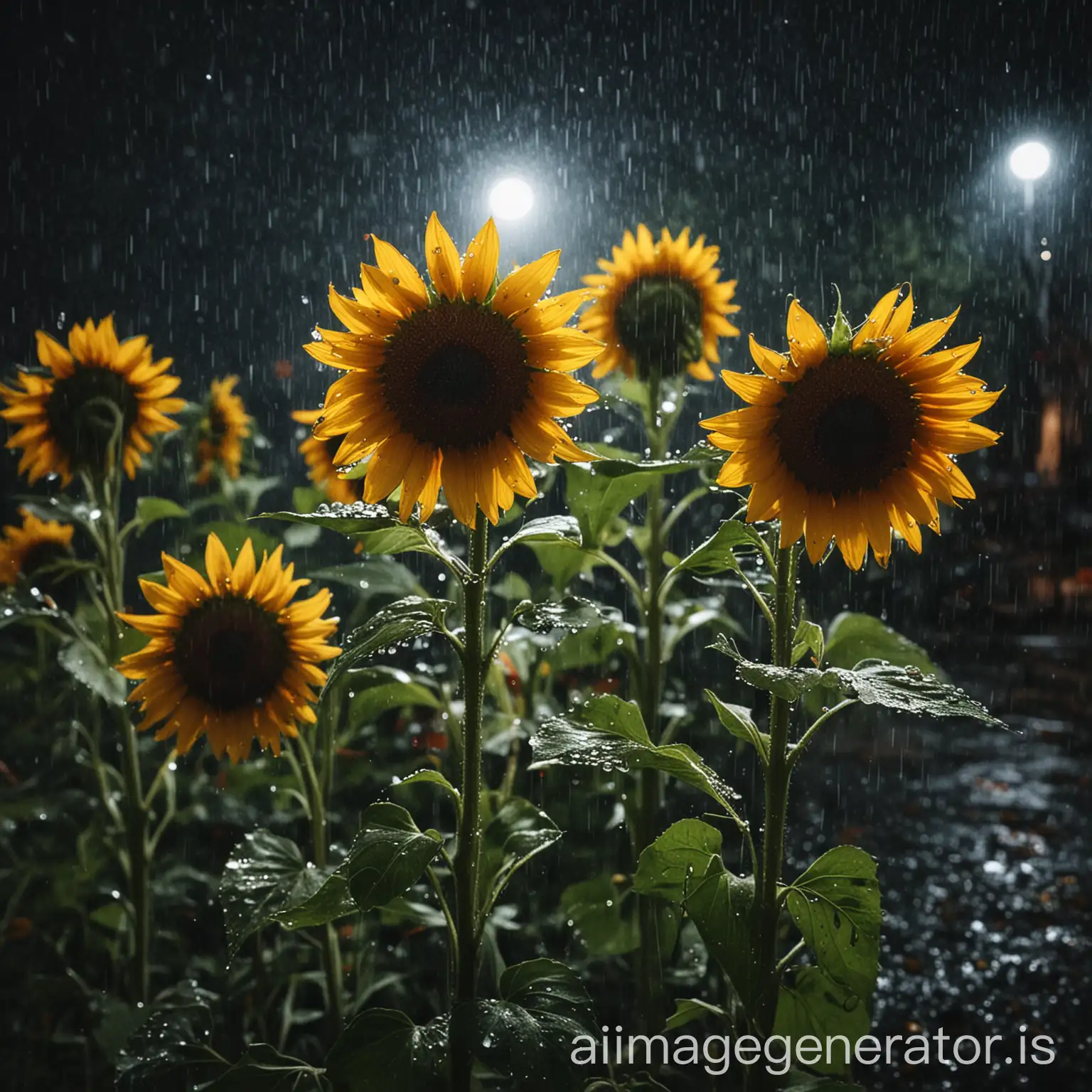 Sunflowers-Blooming-in-a-Rainy-Night-Garden