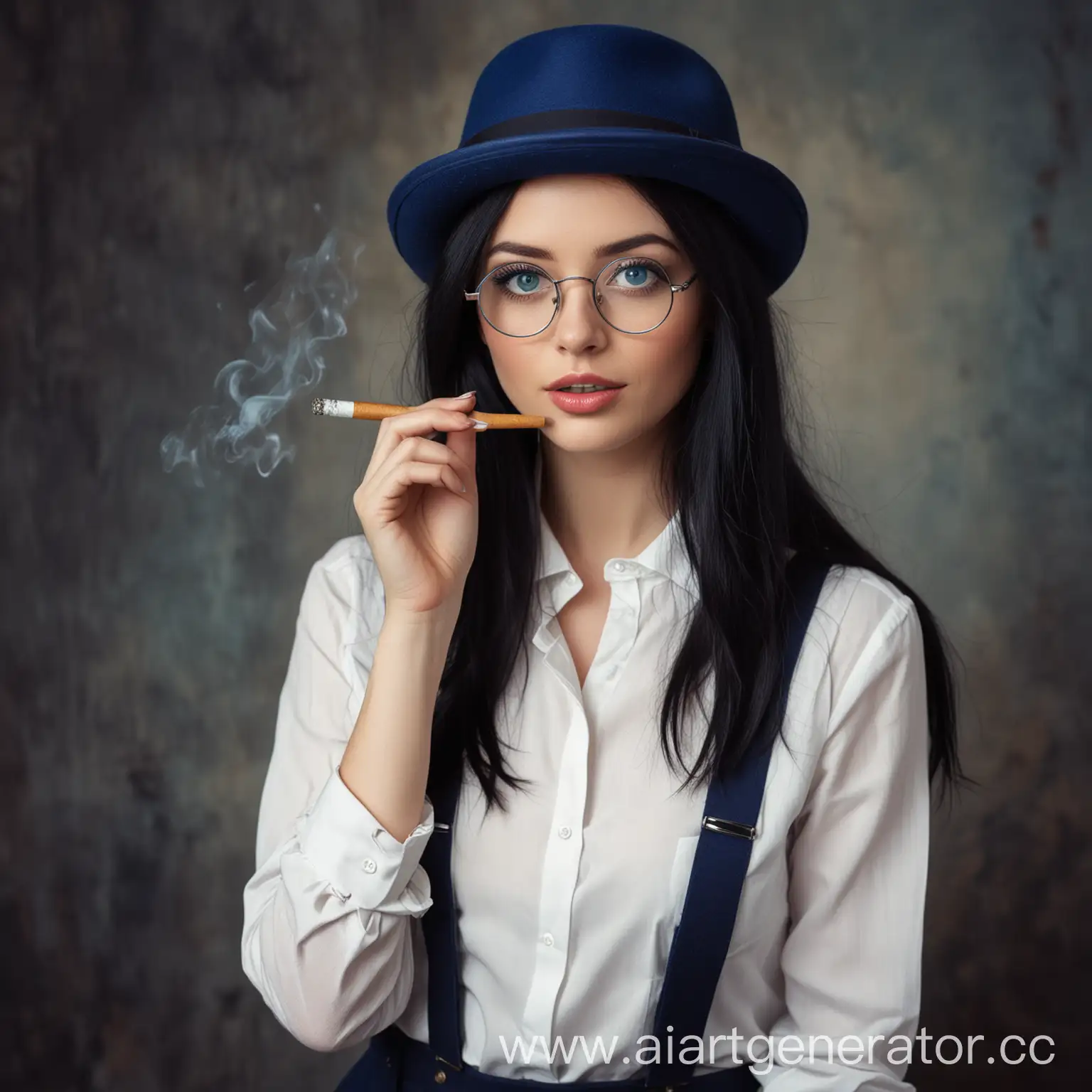 Женщина, с длинными, чёрными волосами, голубыми глазами, в круглых очках, в тёмно-синей фетровой шляпе, в белой рубашке с подтяжками, с сигаретой