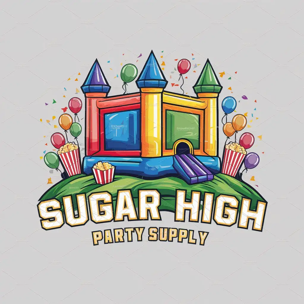 a logo design,with the text 'Sugar High Party Supply', main symbol:Brightly colored bouncy castle (Red, blue, green, yellow, orange, purple) that has 4 pillars in the corners with tower tops. The castle will be sitting on a grassy hill with popcorn in red boxes on the sides and colorful balloons floating around,Moderate,be used in Events industry,clear greybackground. Letters will have gold outline