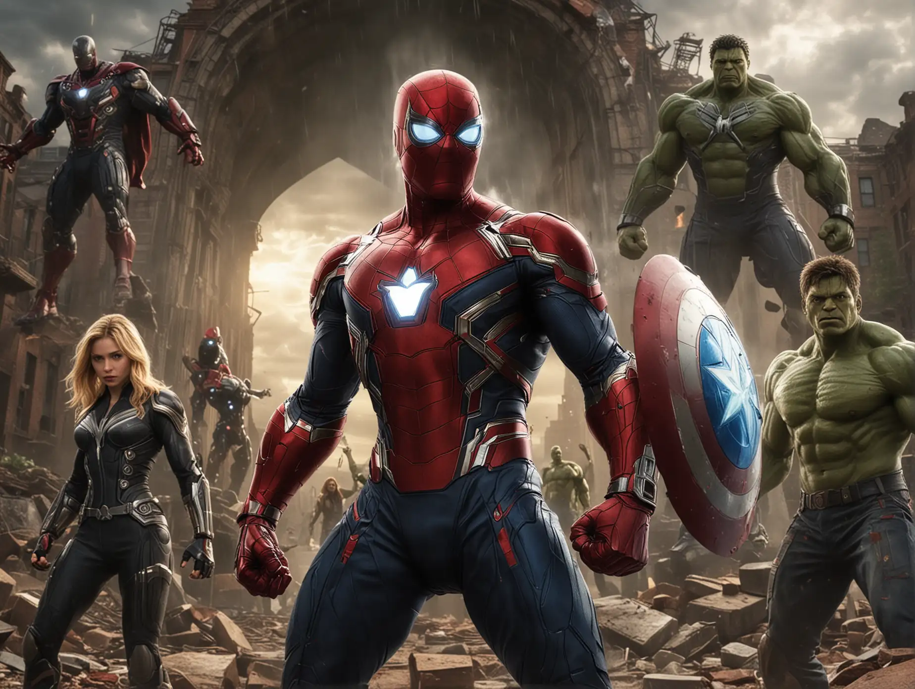 The Avengers movie poster, Iron Man is on the left with his helmet off and hand raised in victory, Captain America's shield facing forward at center of frame, The Hulk stands behind captain america looking to one side, Thor standing right holding Mjolnir over head and blowing lightning out from it, Black Widow stand next ti hulk and thor, Spiderman stood to her far right wearing spiderman suit and webbing around body, she has hands up for support. Background should be an ancient building with thunder storm lighting coming down through cracks in background. --ar 128:89
