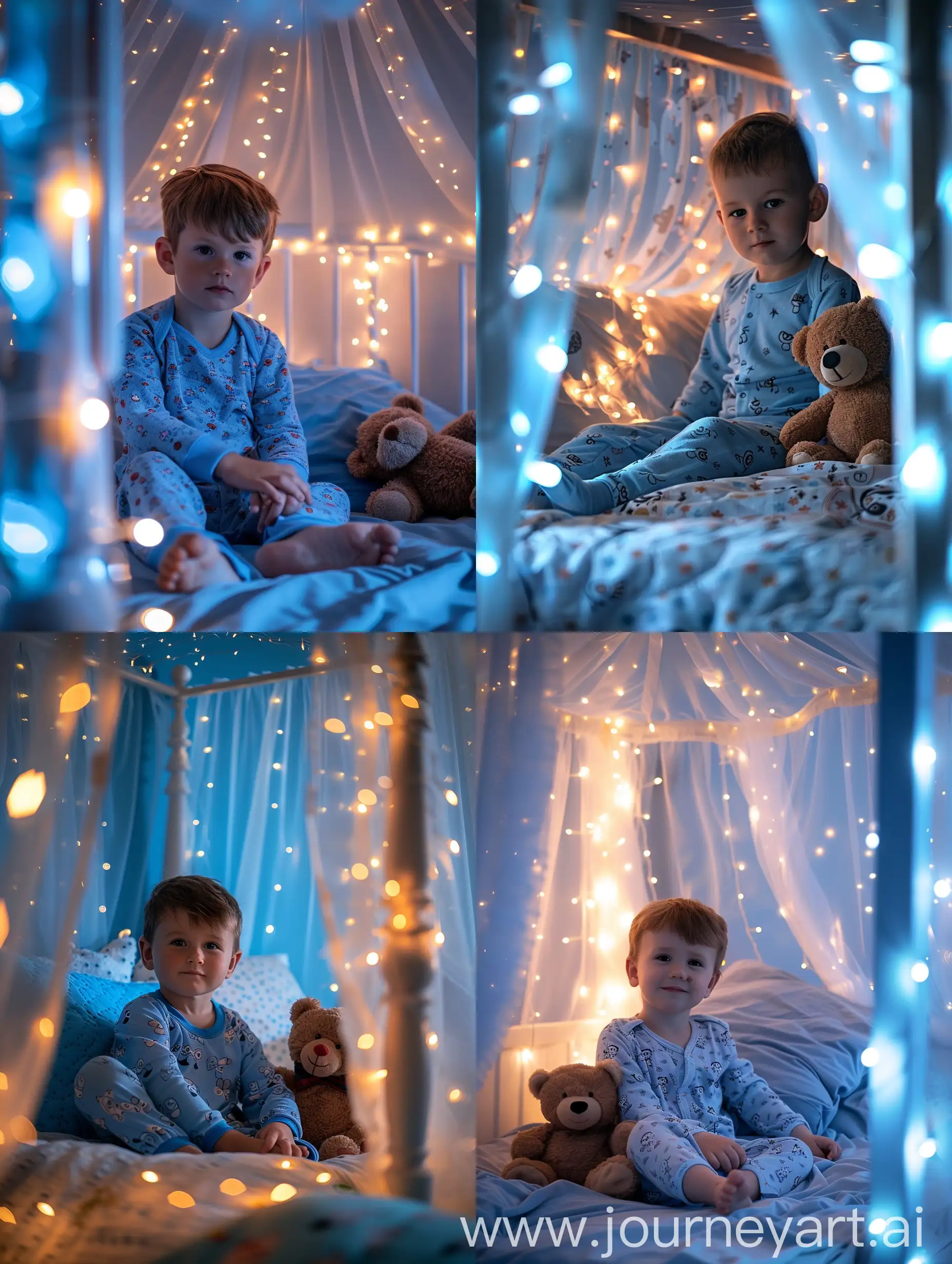 A little boy in pajamas is sitting on a four-poster bed, the canopy is glowing with lights, next to a teddy bear, close-up, realistic photo, hyperrealism, face is clearly visible, looking at the camera, photo in blue and white, close-up photo, light photo