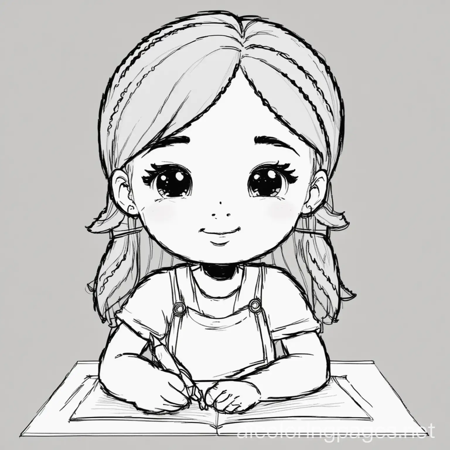 A cute little girl drawing without background, Coloring Page for young kids, Black and white, line art, white background, Simplicity, Ample White Space, Coloring Page, black and white, line art, white background, Simplicity, Ample White Space. The background of the coloring page is plain white to make it easy for young children to color within the lines. The outlines of all the subjects are easy to distinguish, making it simple for kids to color without too much difficulty