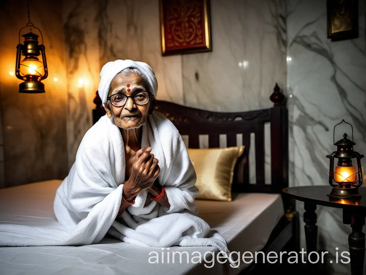 a slim indian old woman aged 90 years old opening her teeth less mouth is sitting on luxurious bed mattresses in a luxurious bed room wearing only a cotton towel on her body and the towel is on her forehead and wearing a spectacles on face and on a table there is rice and curry , a cat is near hear and a lantern is on the floor, its a luxurious marble dark room