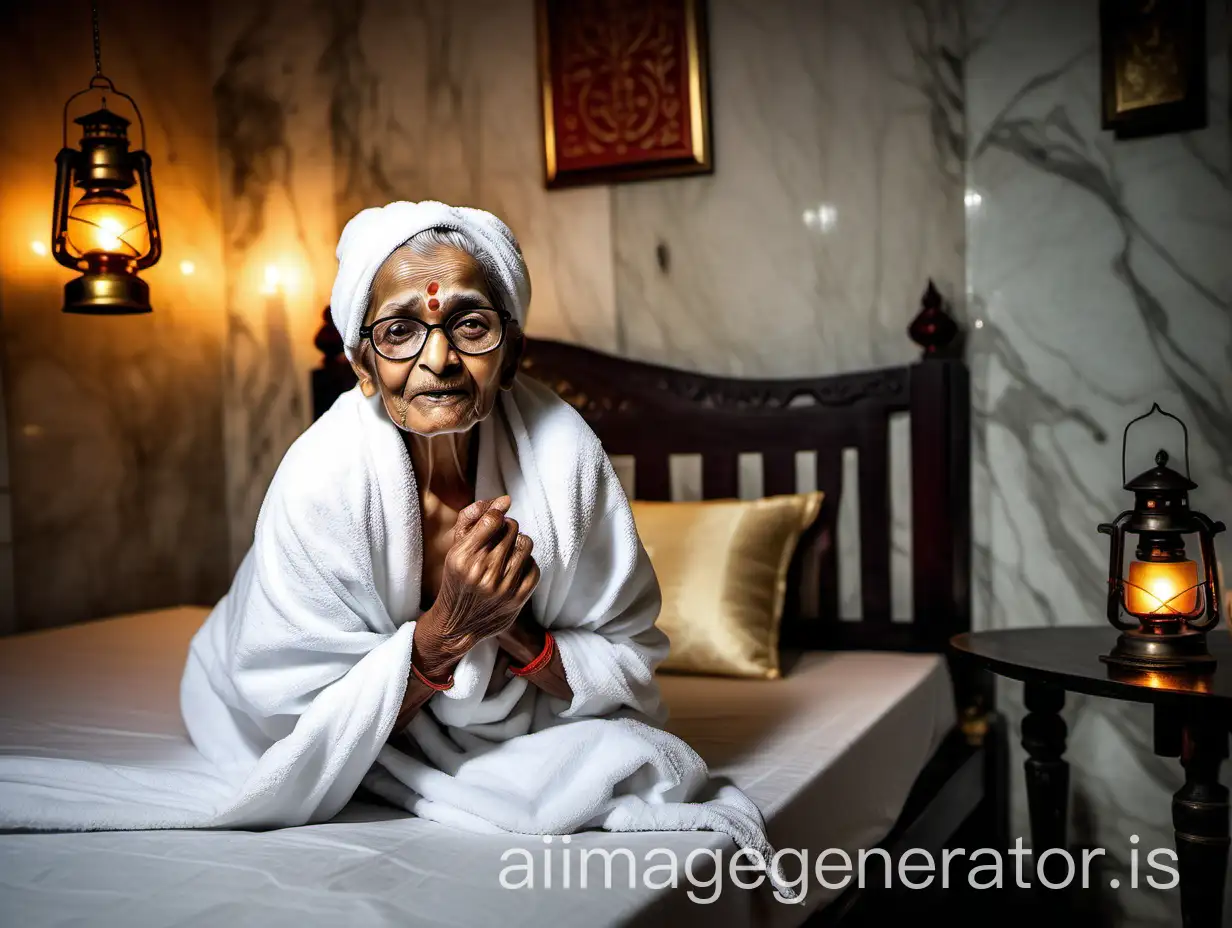 a slim indian old woman aged 90 years old opening her teeth less mouth is sitting on luxurious bed mattresses  in a luxurious bed room wearing only  a cotton towel  on her body and the towel  is on her forehead and wearing a spectacles on face  and on a table there is  rice and curry  , a cat is near hear and a lantern is on the floor, its a  luxurious marble  dark room 
