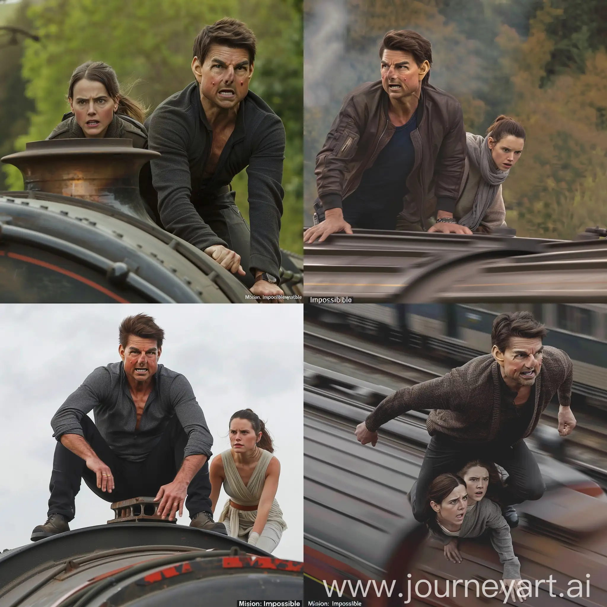 In the image, we see actor Tom Cruise known for his role as Ethan Hunt in the film “Mission: Impossible”. He is on top of a speeding train, looking worried with Daisy Ridley at his side8k