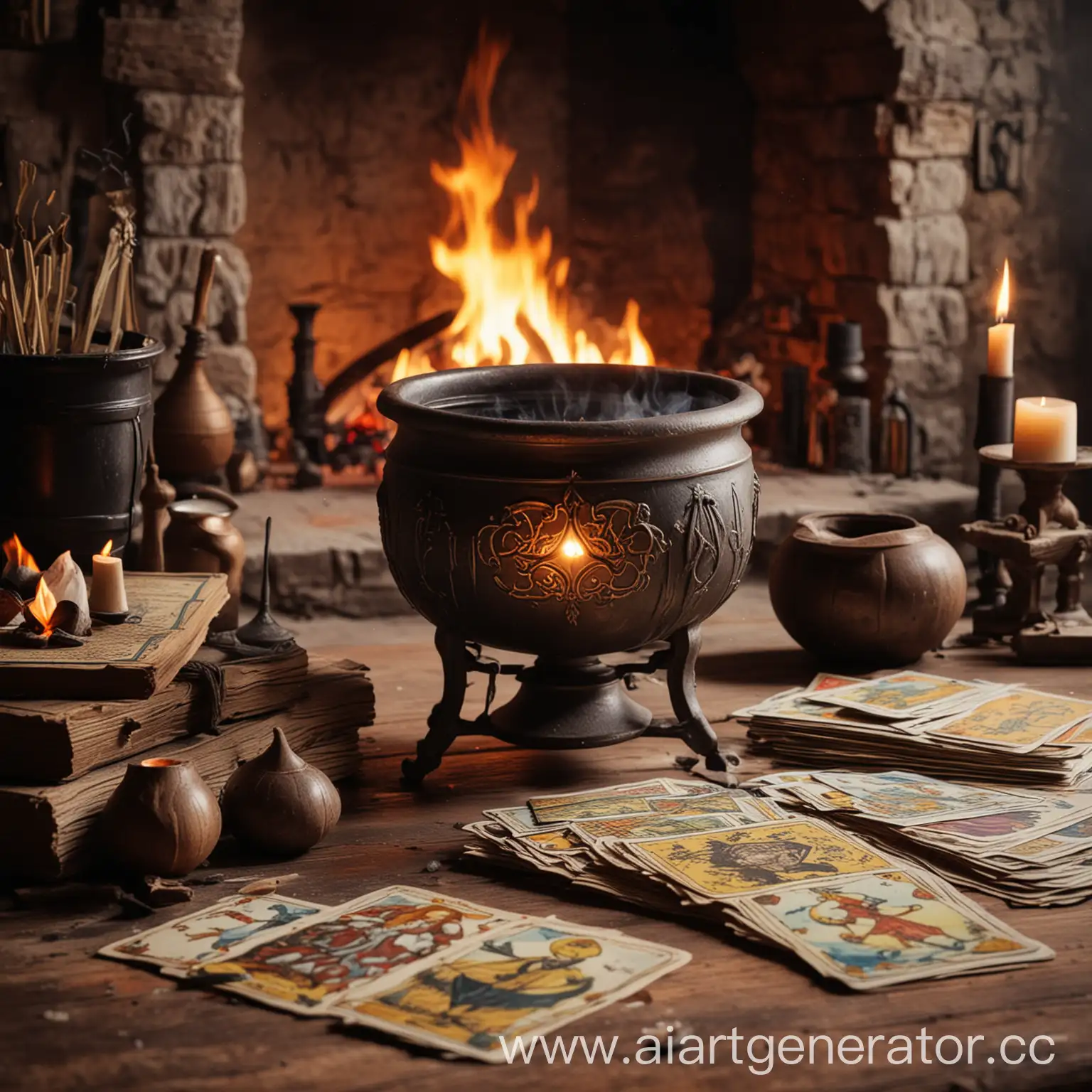 magic tarot cards on the table on the background of a fireplace with a magic cauldron