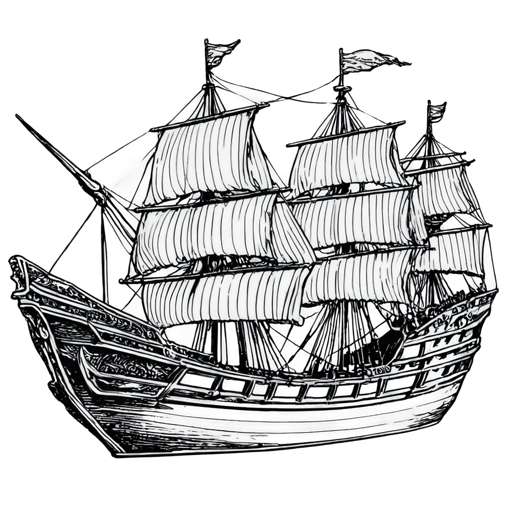 Exquisite-Galleon-Ship-Black-and-White-Line-Art-PNG-Captivating-Maritime-Illustration