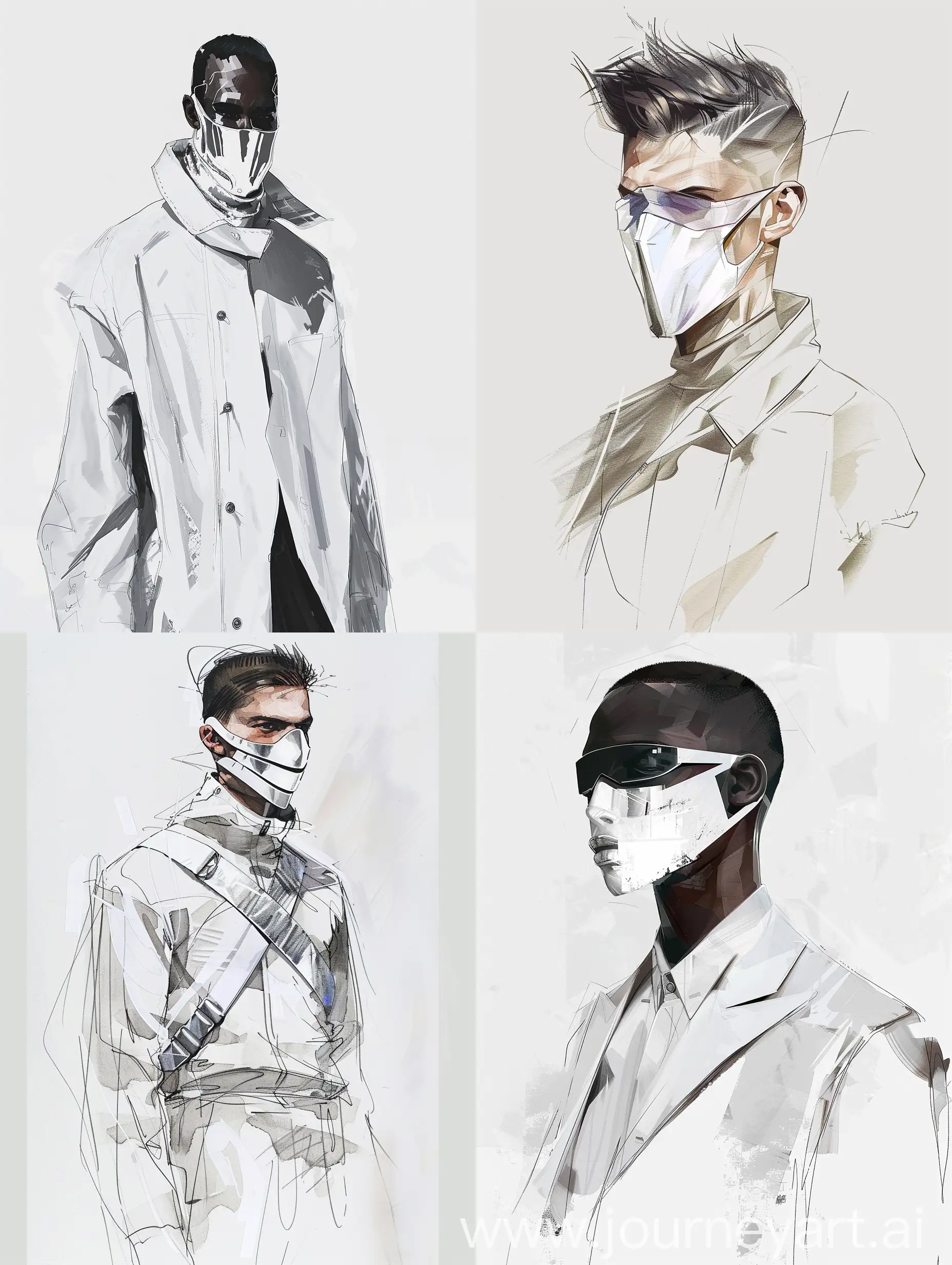 futuristic male high fashion, wear white metallic face mask runway sketches minimalist illustration

