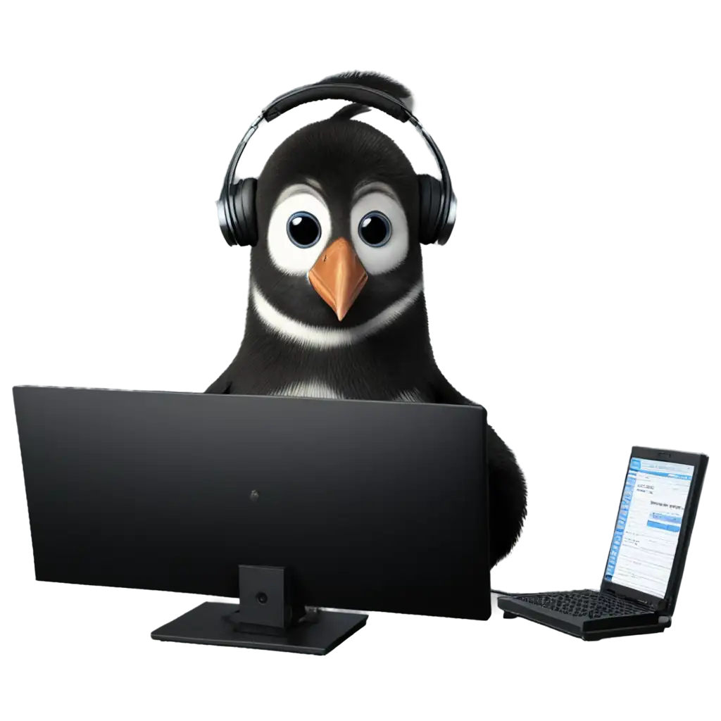 пингвин в наушниках смотрит в  монитором