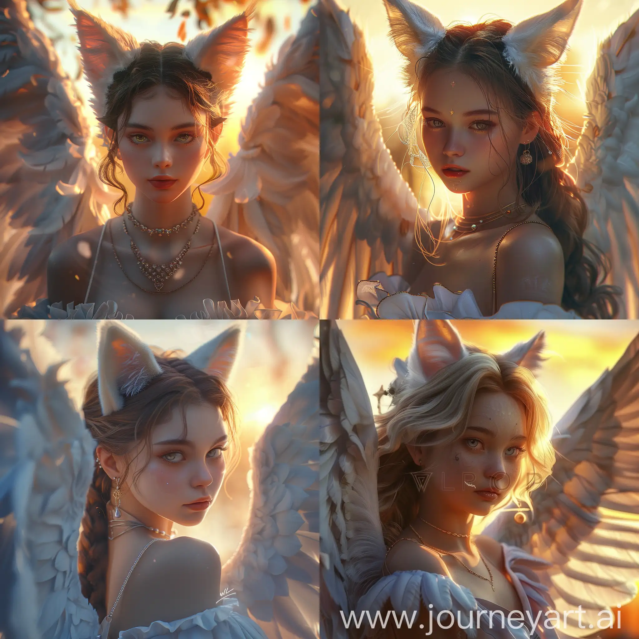 Portrait of a cute elegant woman with thick angelic white wings on her back, flying, cat ears, luxurious neckless, sunset warm spring, slim face, detailed face, centered close-up, fantasy, anime, vibrant, colorful, depth of field, intricate details, trending on ArtStation, Deviantart, by WLOP