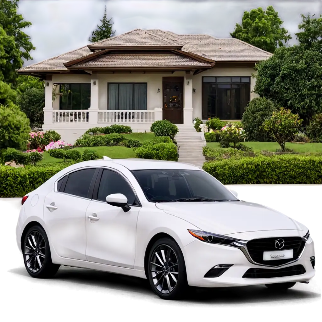 Stunning-PNG-Image-White-Mazda-3-Parked-in-Front-of-TwoStory-Villa-with-Sparkling-Swimming-Pool-and-Lush-Green-Lawn