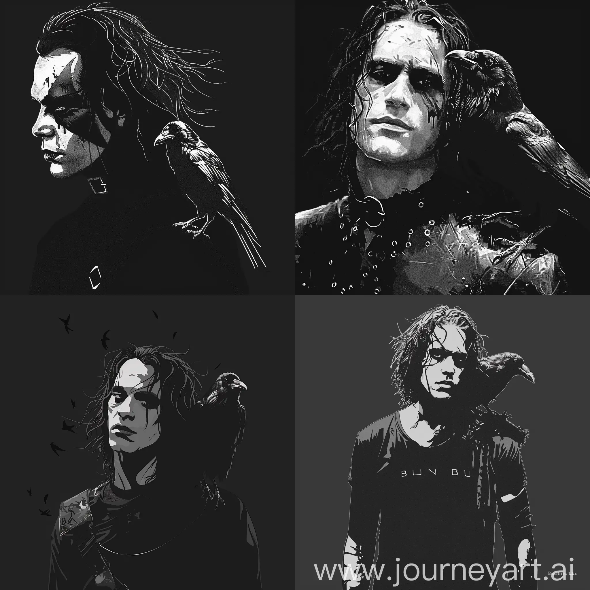 Anime illustration of Eric Draven from the Crow movie, his iconical hair, attire and face paint, Brandon Lee, a crow on his shoulder, black tones, illustration by Brandon Lee