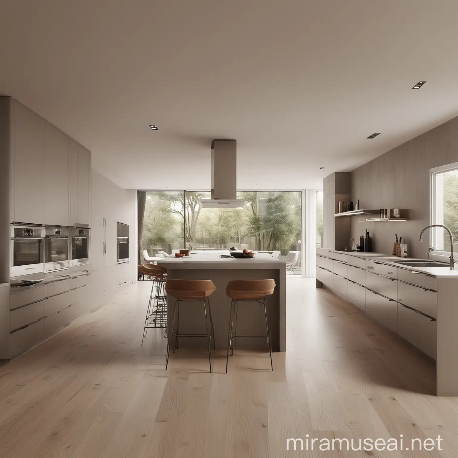 A realistic minimalist interior design image of a large kitchen for Tupac