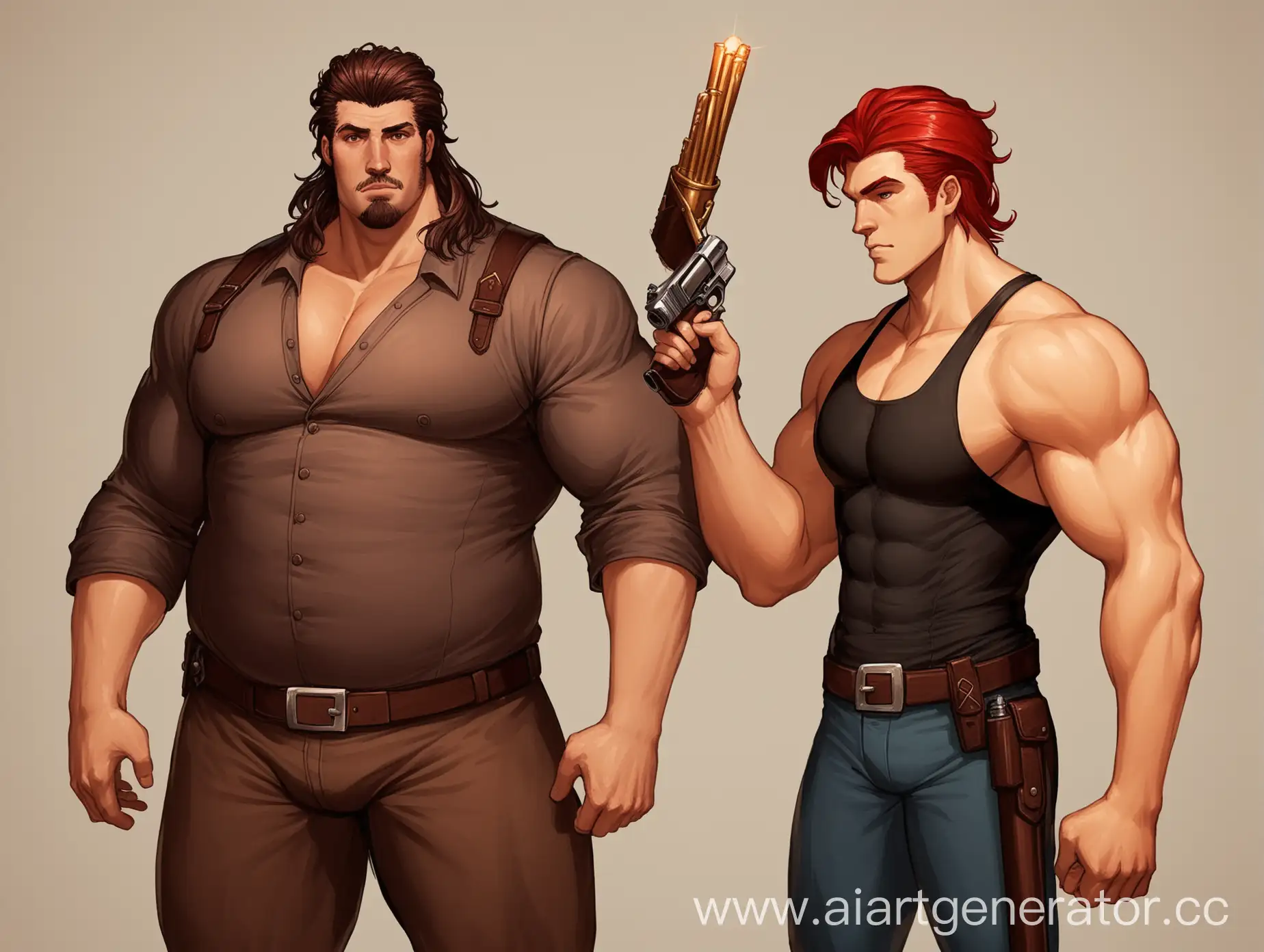 a tall, thin guy with dark brown hair (Anderka hairstyle) - he has a baton in one hand and a pistol in the other.
next to him is a beefy guy of medium height with red hair (half-box)
