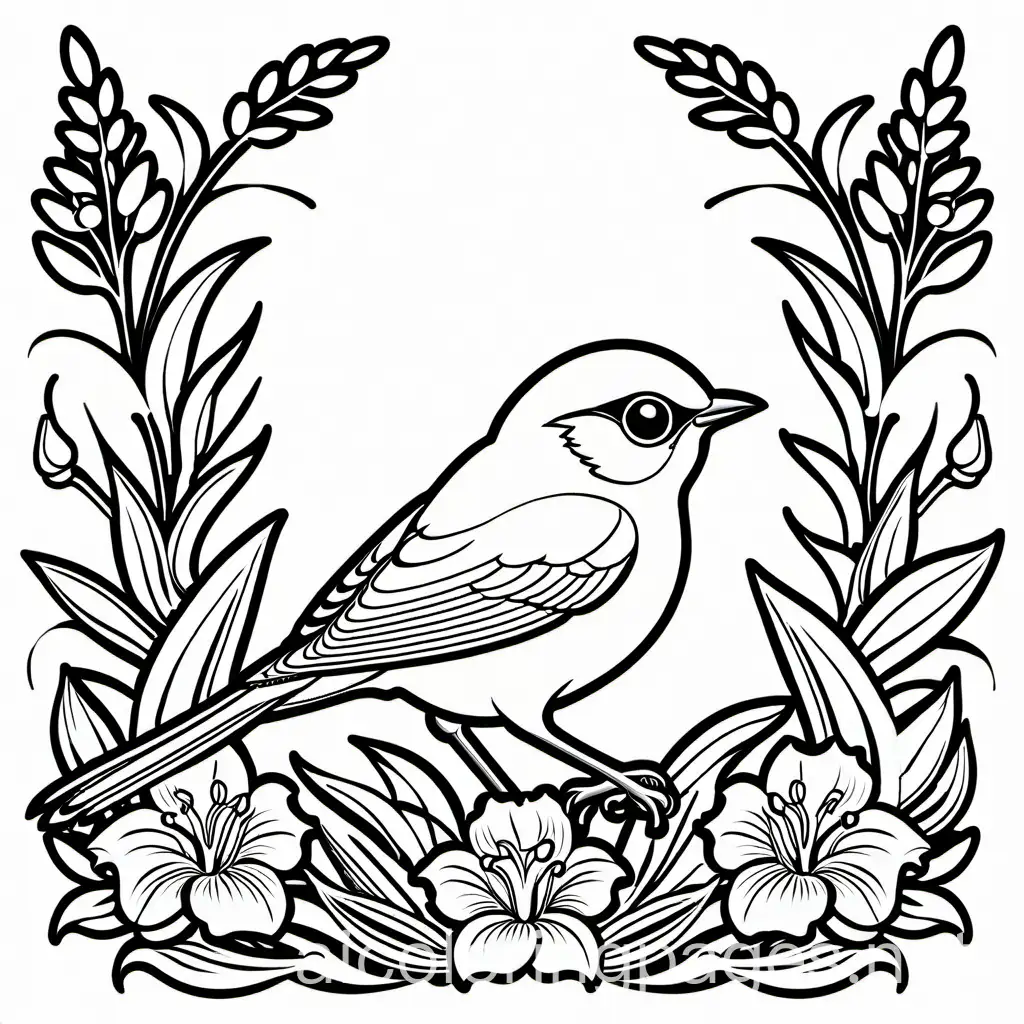 Zosterops (White-eye) with iris,lavender,daisy,orchid ,tulips and roses, Coloring Page, black and white, line art, white background, Simplicity, Ample White Space. The background of the coloring page is plain white to make it easy for young children to color within the lines. The outlines of all the subjects are easy to distinguish, making it simple for kids to color without too much difficulty