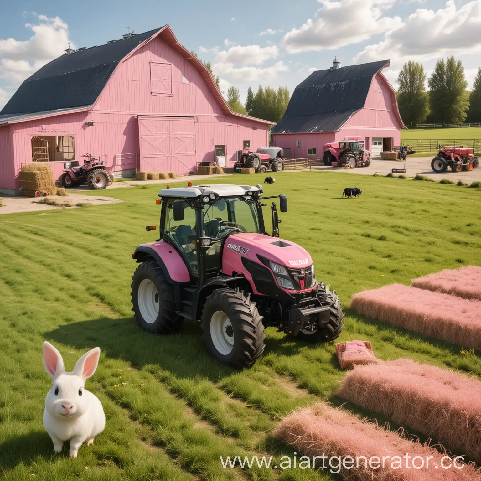 Светло-розовая трава, на заднем фоне амбар и сено, трактор valtra, мультяшная коровка, пчелка и кролик