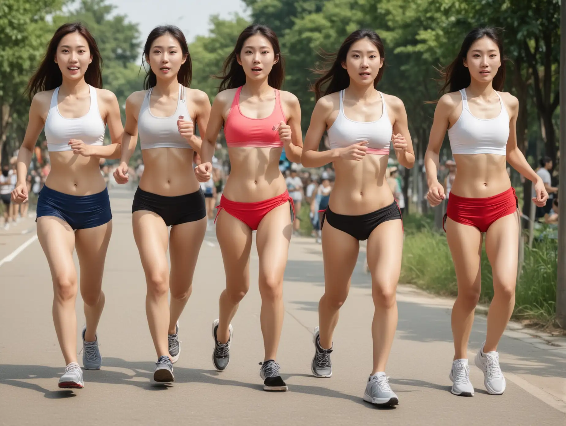 frontal shot of skinny young chinese women with extreme hourglass figures running a 5k on a hot day.  each girl's hips are as wide as possible. each girl's waist is as narrow as possible. each girl's legs are as slender as possible. each girl's belly is as flat as possible. each girl's face is sweet and unique.