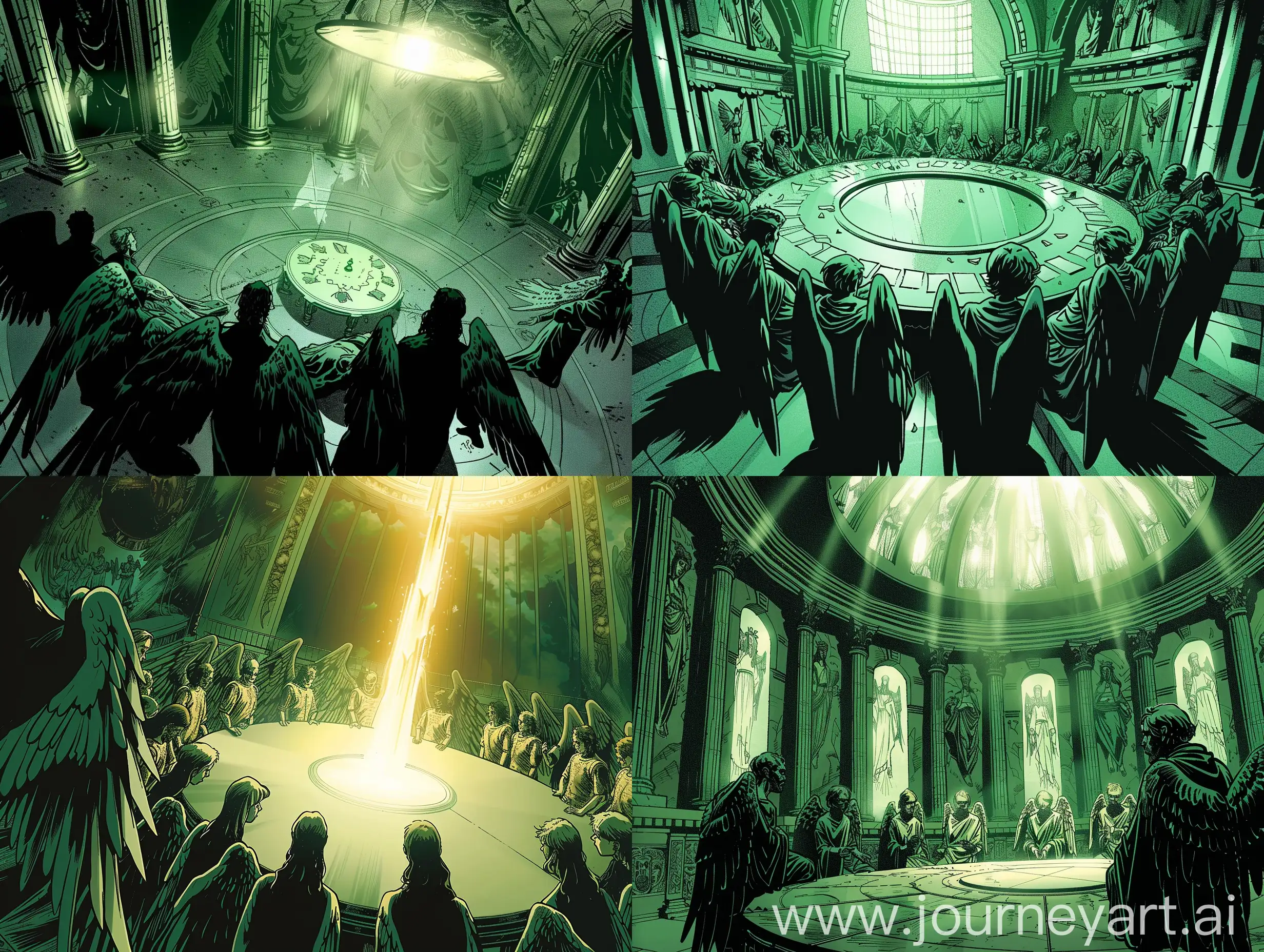 comic panel: a meeting of angels at a round table in a huge hall, close-up, light, dark green shades, dark tones 