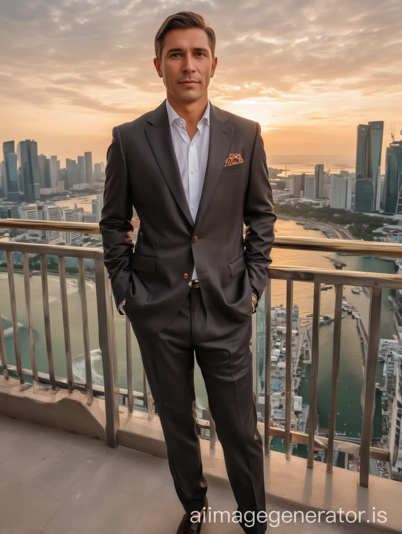 beautiful elegant  businessman 42 years wearing Dolce Gabana  pants and Prada casual jacket staying business lounge balcony Singapore skyscraper top floor view to sunset sea