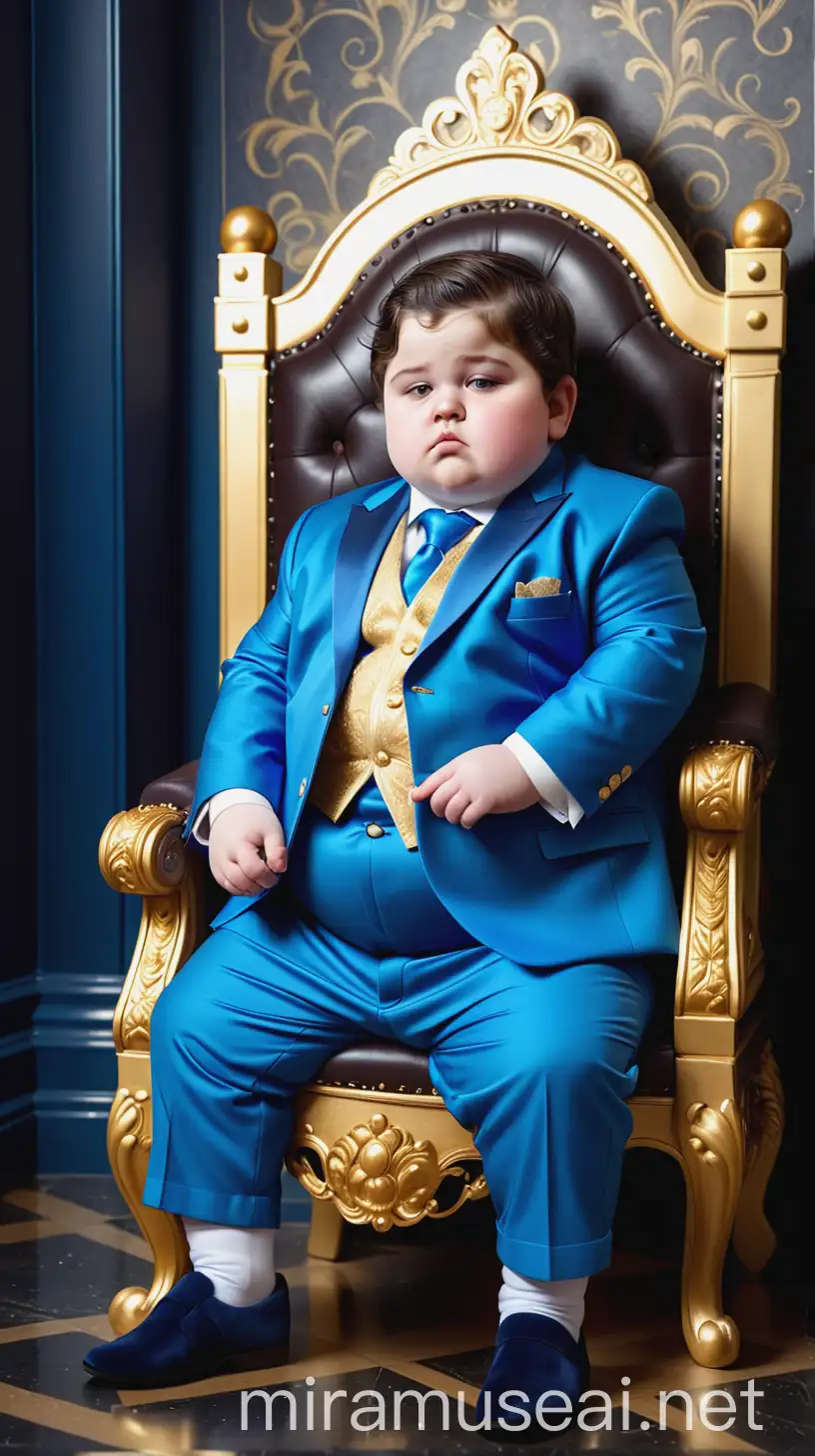 Очень толстый мальчик ребенок в синем дорогом костюме с зачесаными на бок темными волосами сидит на королевском троне. Вокруг него большой зал из золота и очень много дорогой еды