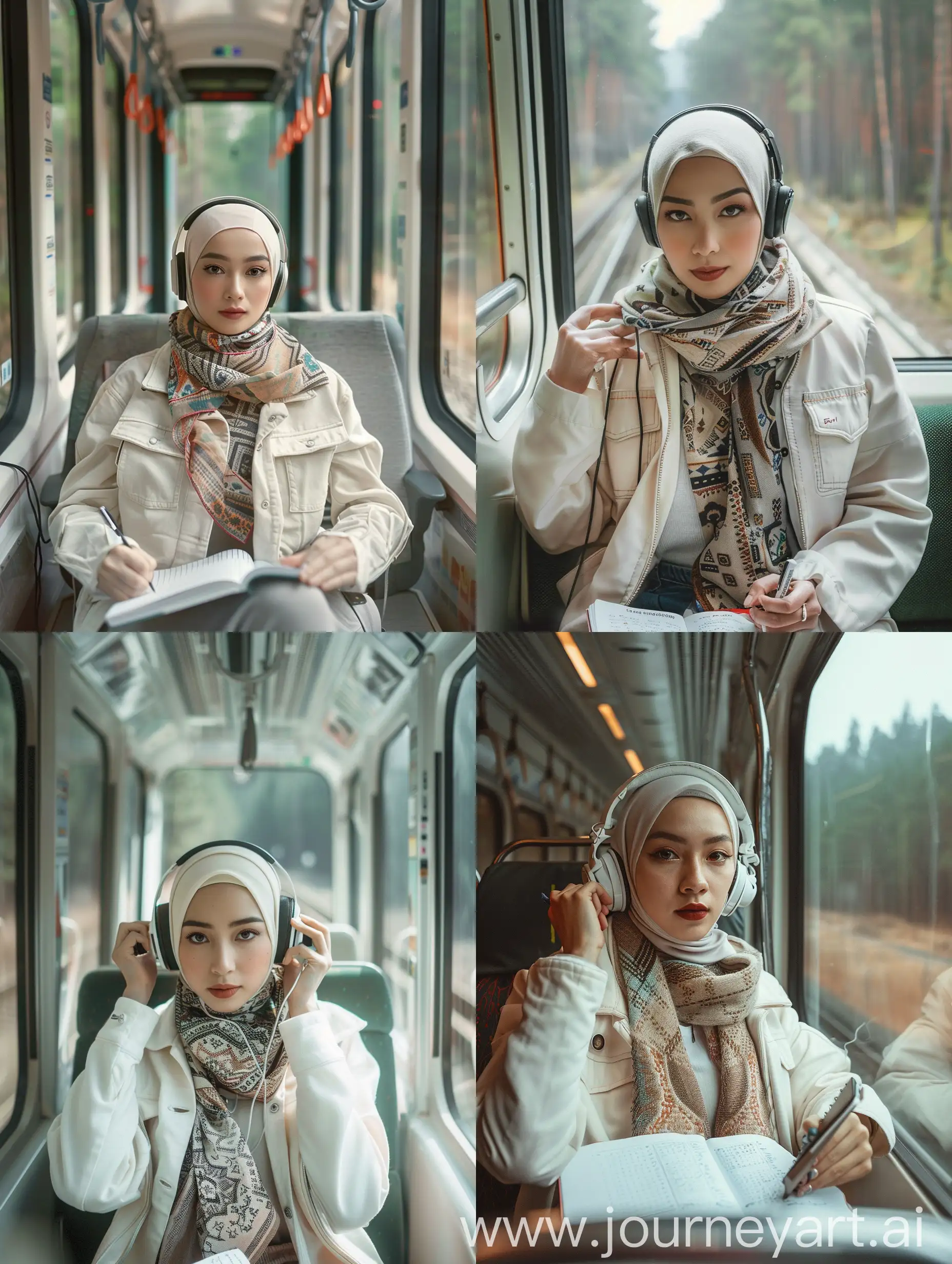 Thai-Woman-in-Hijab-Puts-on-Trucker-Jacket-and-Scarf-in-Train-Car-Portrait