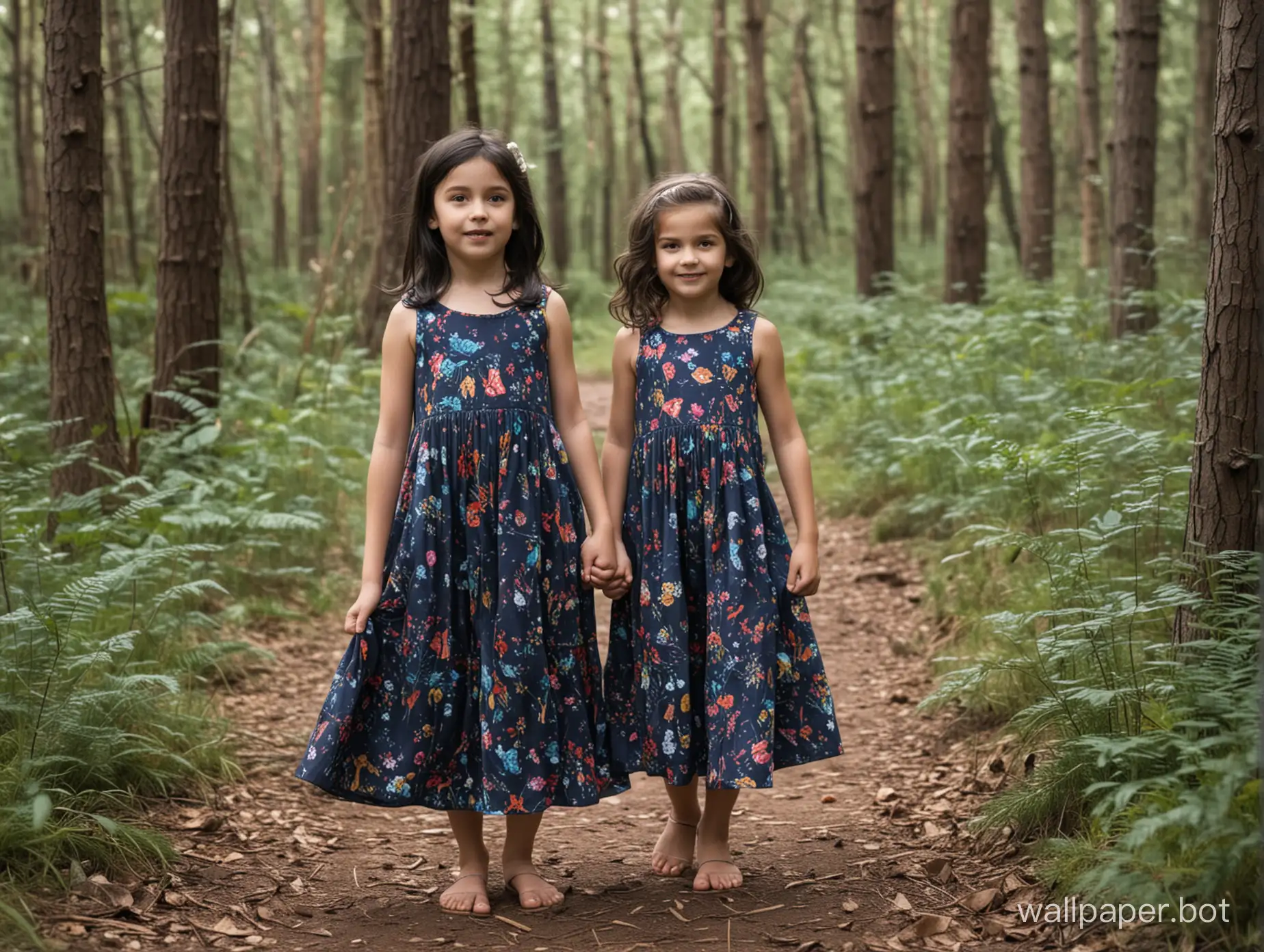 girls with dark hair, one girl is 6 years old and the other girl is 8 years old, in dress outside in forest setting